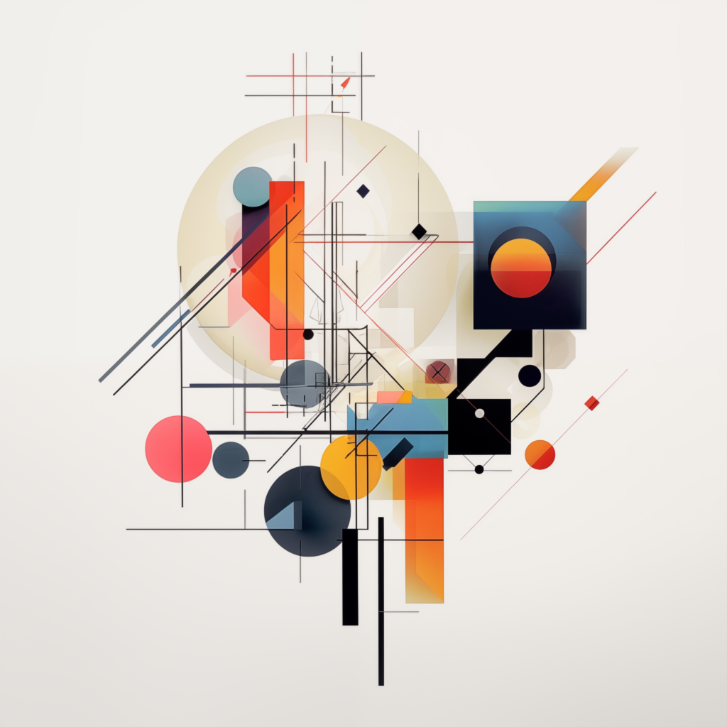 This image shows a geometrical AI developed image in orange, blue hues, and pink.